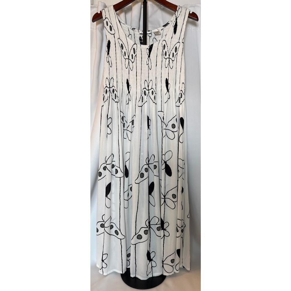Mirror Image Butterfly Print Smocked Maxi Dress White Black Boho Resort Beach L
